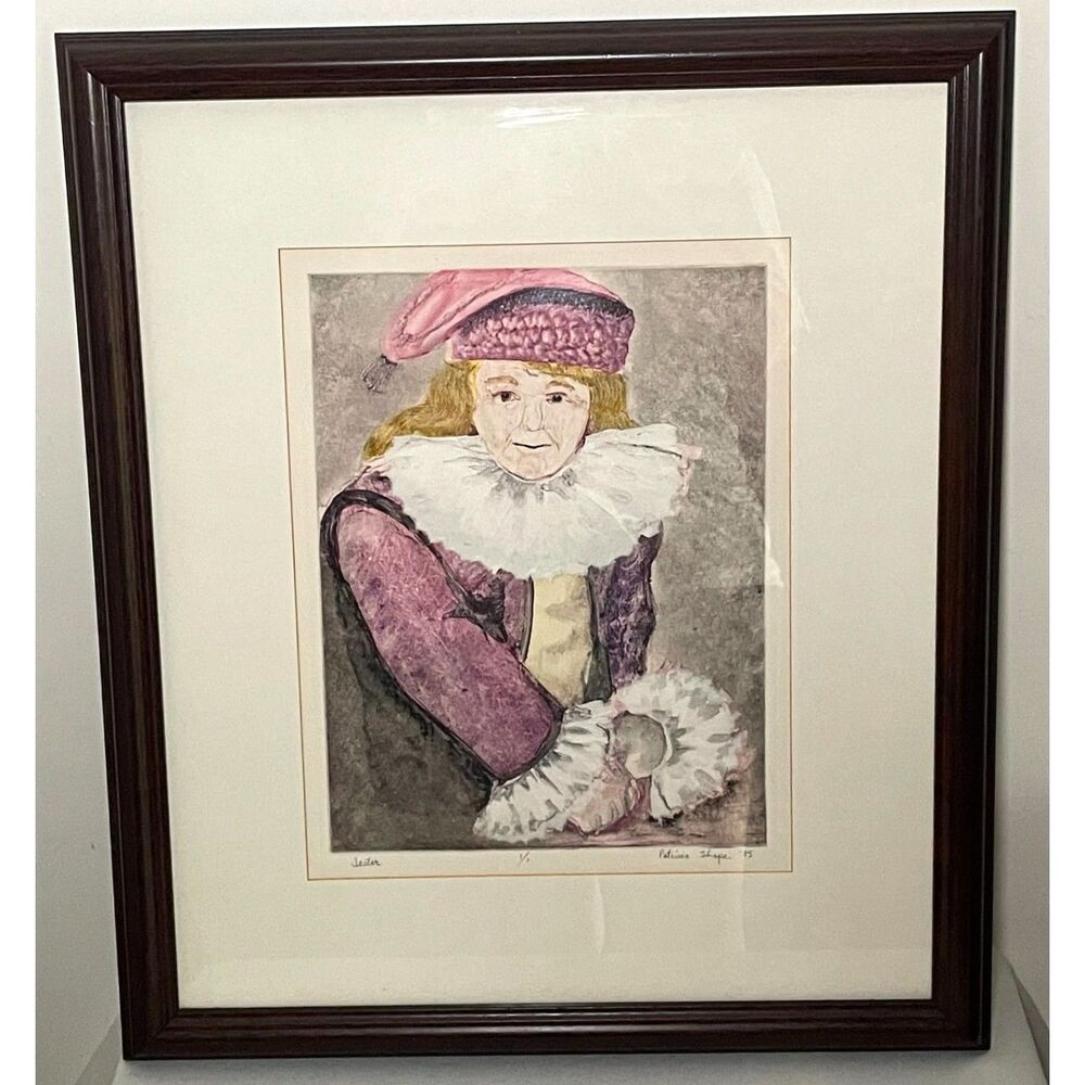 Vintage 1985 Patricia B Shope 1/1 Monotype Jester Mixed Media Framed Art